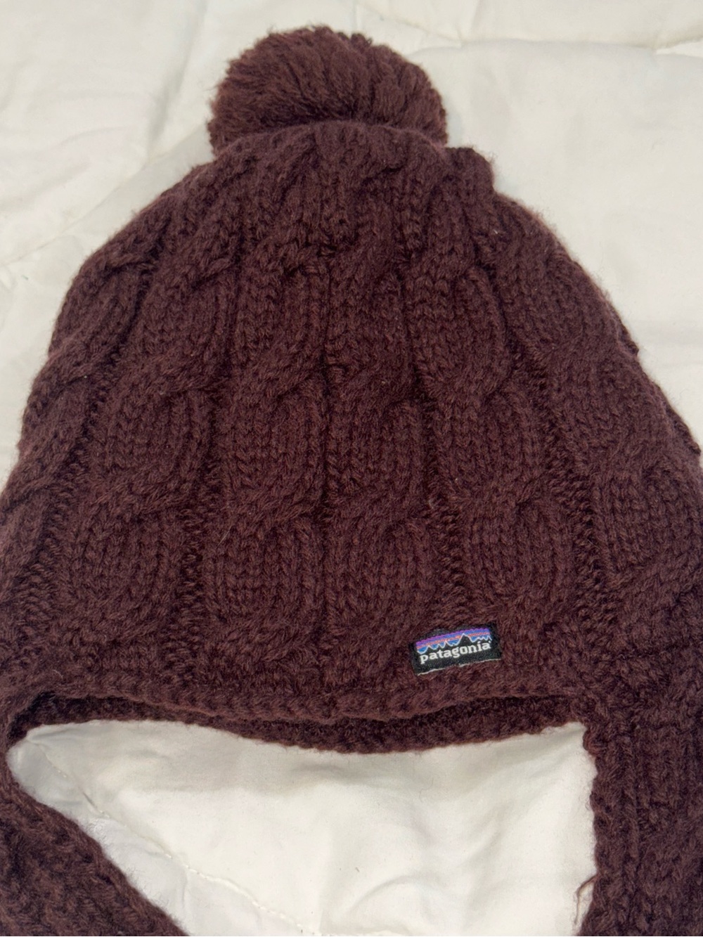 Patagonia Women’s One Size Wool Blend Brown Purple Knit Pom-Pom Earflap Beanie